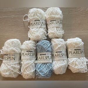 7 LOT BERNAT PEARLSPUN YARN 6 WHITE FROST & 1 MISTY BLUE SHEIN LOT NEW